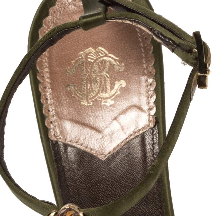 Pre Owned Roberto Cavalli Olive Green Satin Snake Embellished Ankle Strap Sandals Size 39