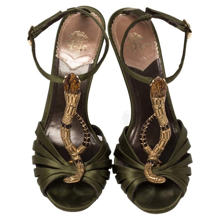 Pre Owned Roberto Cavalli Olive Green Satin Snake Embellished Ankle Strap Sandals Size 39