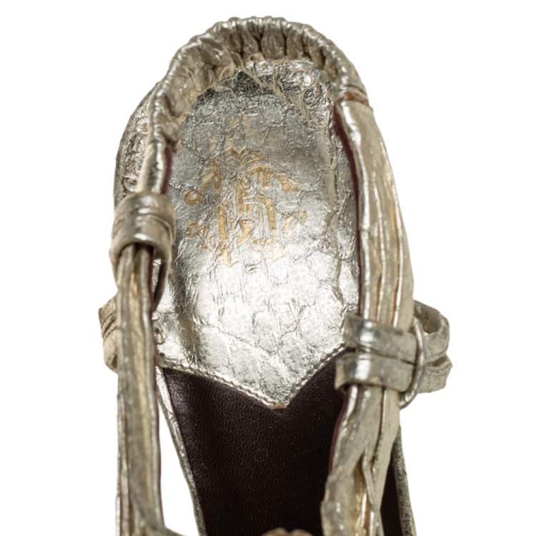 Pre Owned Roberto Cavalli Gold Python Snake Embellished Slingback Sandals Size 38