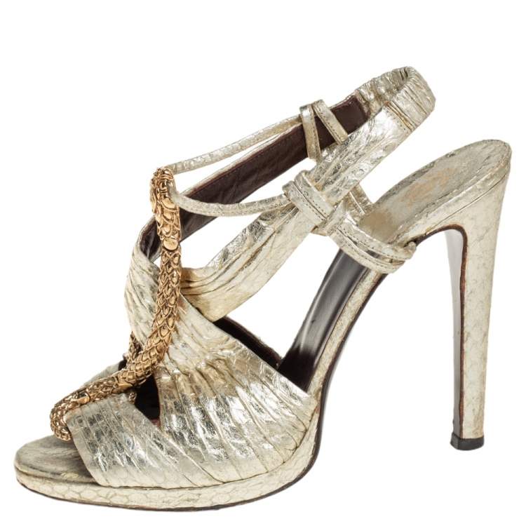 Pre Owned Roberto Cavalli Gold Python Snake Embellished Slingback Sandals Size 38