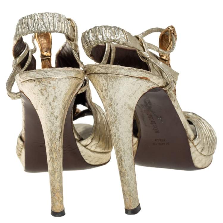 Pre Owned Roberto Cavalli Gold Python Snake Embellished Slingback Sandals Size 38