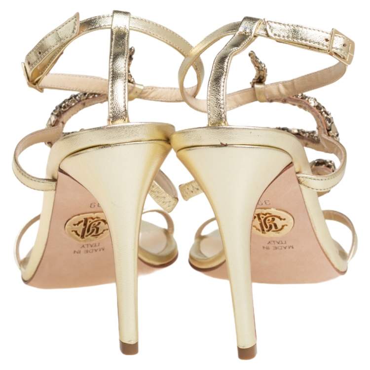 Pre Owned Roberto Cavalli Metallic Leather And Snake Detail Strappy Sandals Size 39