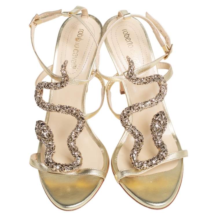 Pre Owned Roberto Cavalli Metallic Leather And Snake Detail Strappy Sandals Size 39