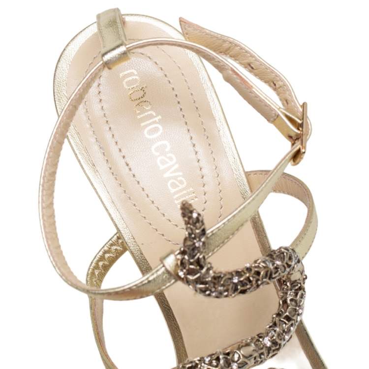 Pre Owned Roberto Cavalli Metallic Leather And Snake Detail Strappy Sandals Size 39