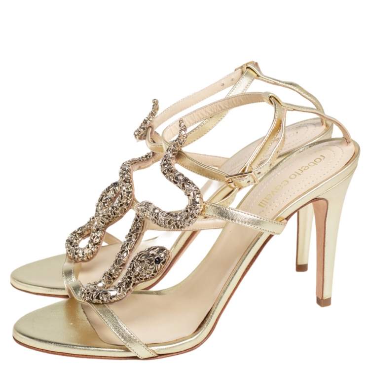 Pre Owned Roberto Cavalli Metallic Leather And Snake Detail Strappy Sandals Size 39