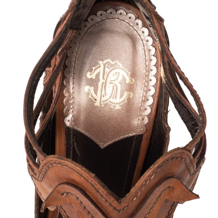 Pre Owned Roberto Cavalli Brown Leather Cage Open Toe Sandals Size 38