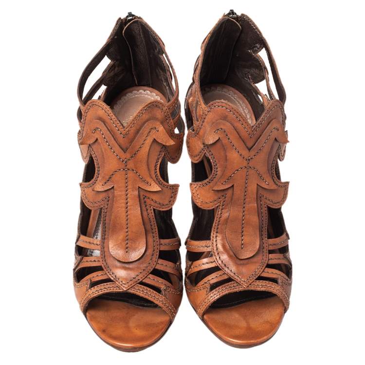 Pre Owned Roberto Cavalli Brown Leather Cage Open Toe Sandals Size 38