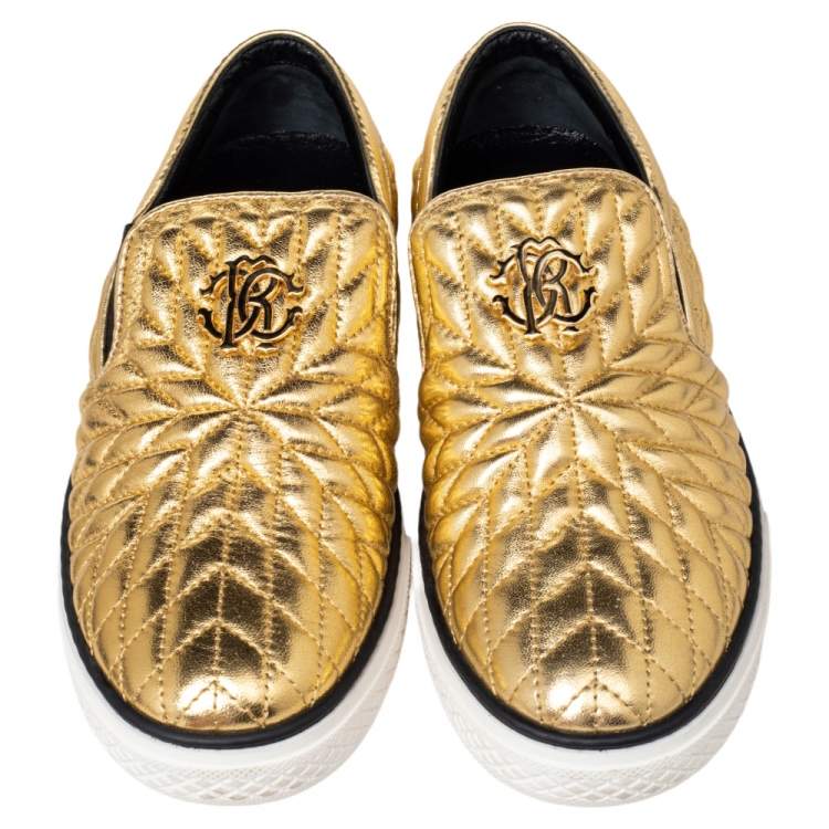 Pre Owned Roberto Cavalli Gold Quilted Leather Logo Embellished Slip On Sneakers Size 38