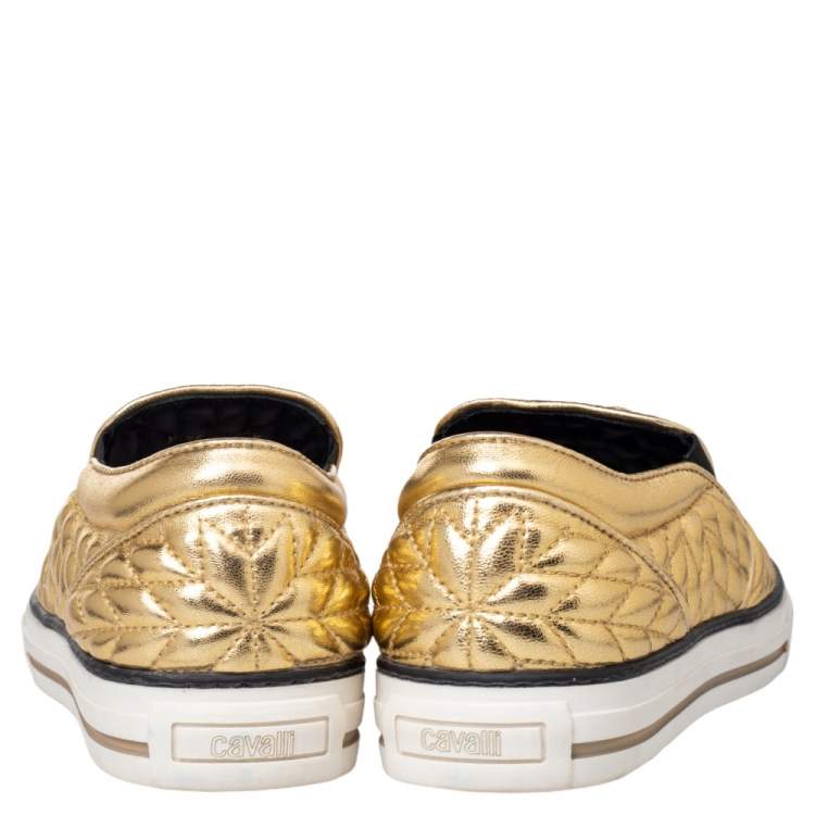Pre Owned Roberto Cavalli Gold Quilted Leather Logo Embellished Slip On Sneakers Size 38