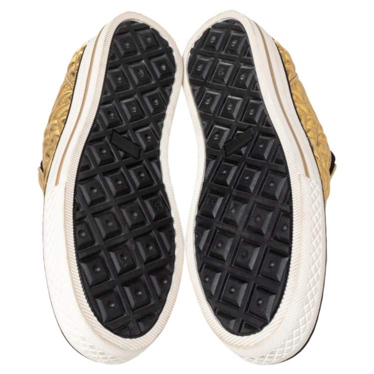 Pre Owned Roberto Cavalli Gold Quilted Leather Logo Embellished Slip On Sneakers Size 38