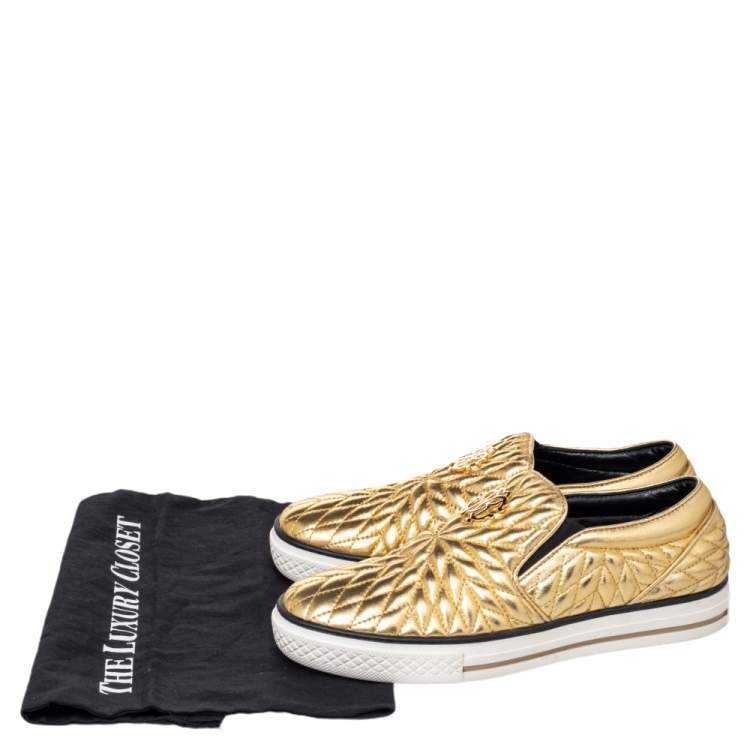 Pre Owned Roberto Cavalli Gold Quilted Leather Logo Embellished Slip On Sneakers Size 38
