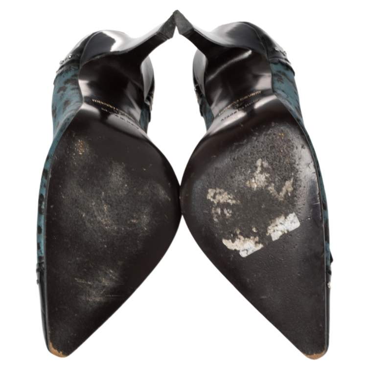 Pre Owned Roberto Cavalli Black/Blue Python Print Satin And Patent Leather Pointed Toe Pumps Size 37