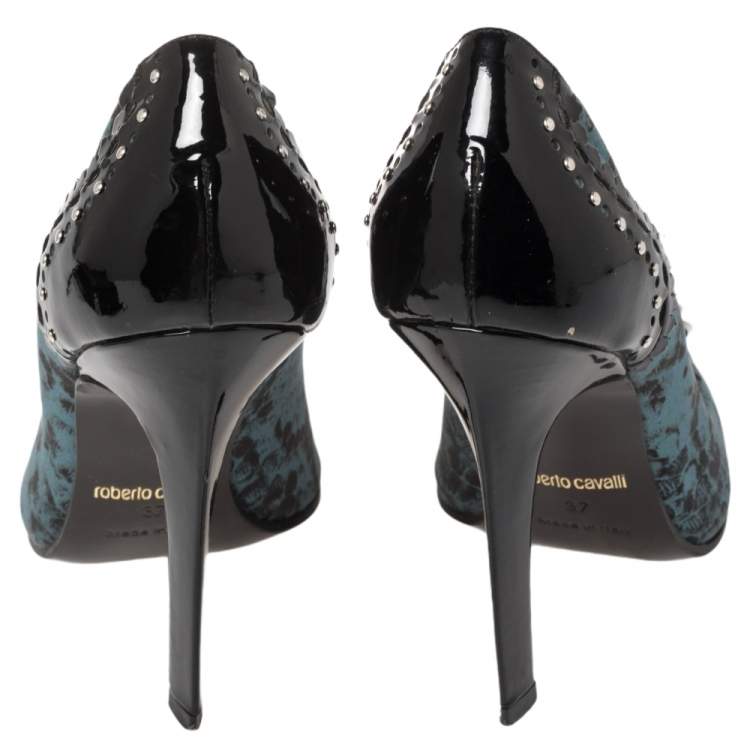 Pre Owned Roberto Cavalli Black/Blue Python Print Satin And Patent Leather Pointed Toe Pumps Size 37