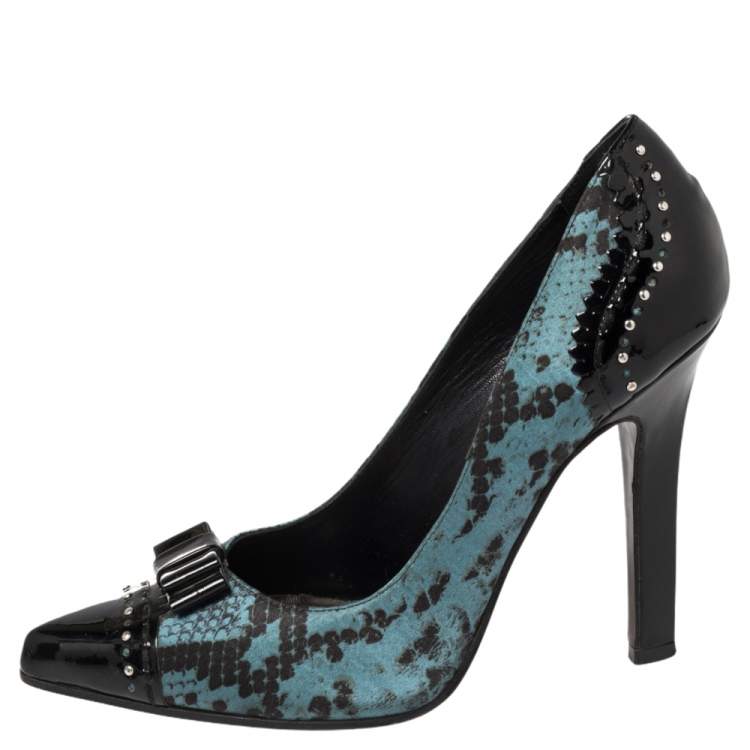 Pre Owned Roberto Cavalli Black/Blue Python Print Satin And Patent Leather Pointed Toe Pumps Size 37