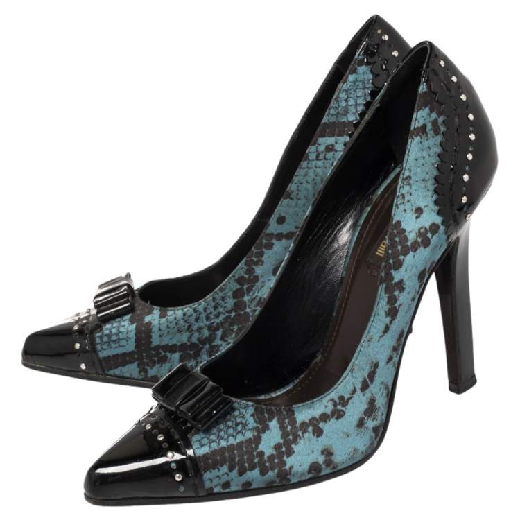Pre Owned Roberto Cavalli Black/Blue Python Print Satin And Patent Leather Pointed Toe Pumps Size 37