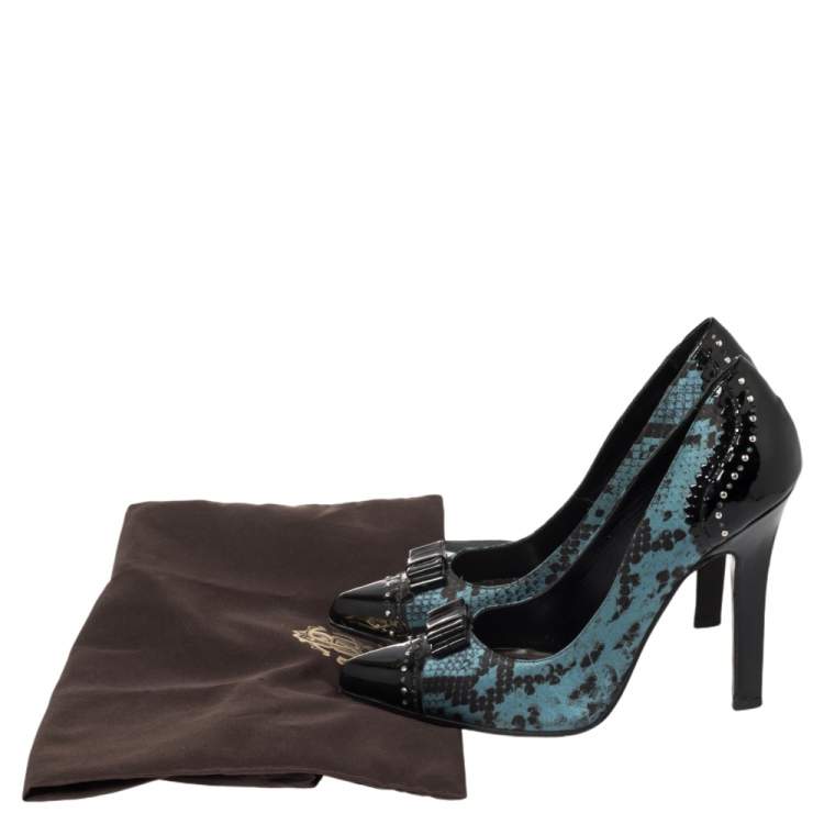 Pre Owned Roberto Cavalli Black/Blue Python Print Satin And Patent Leather Pointed Toe Pumps Size 37
