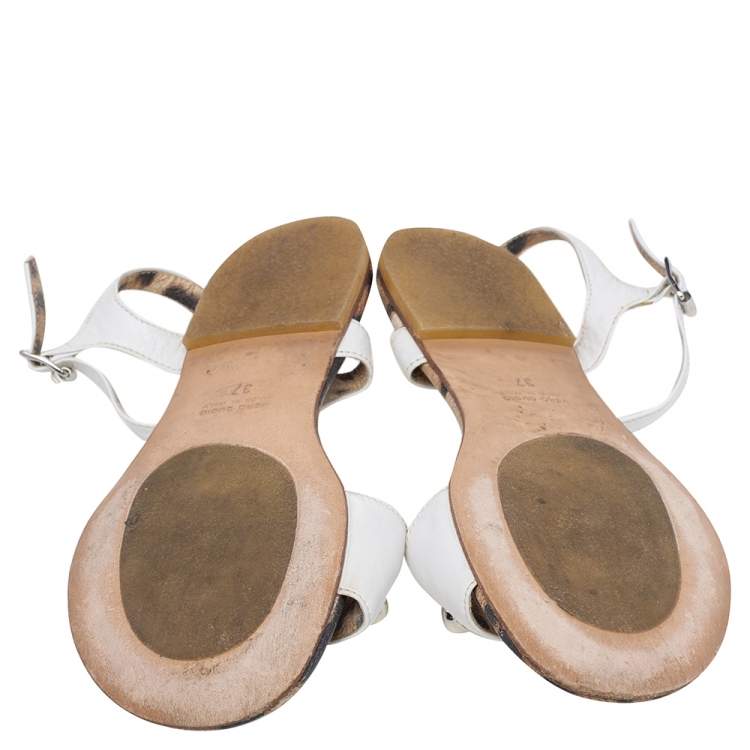 Pre Owned Roberto Cavalli White Leather Embellished Flat Sandals Size 37