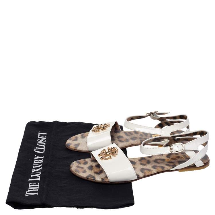 Pre Owned Roberto Cavalli White Patent Leather Embellished Flat Sandals Size 36
