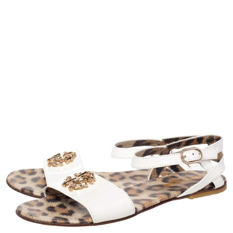 Pre Owned Roberto Cavalli White Patent Leather Embellished Flat Sandals Size 36