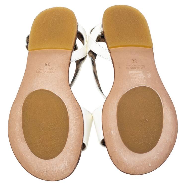 Pre Owned Roberto Cavalli White Patent Leather Embellished Flat Sandals Size 36
