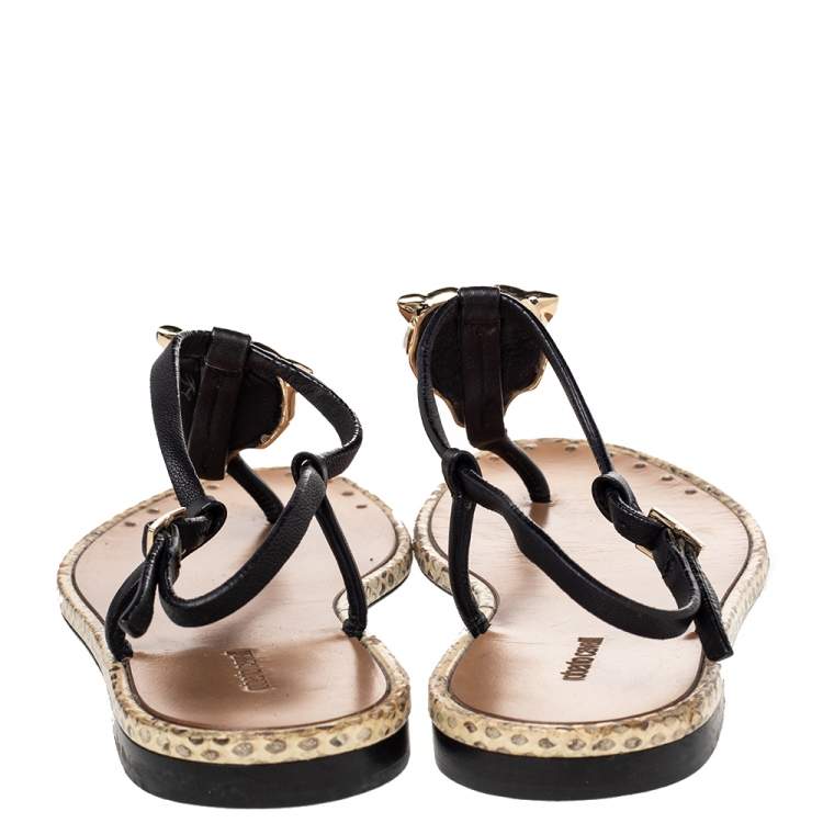 Pre Owned Roberto Cavalli Black Leather Tiger Logo Embellished Thong Flat Sandals Size 36