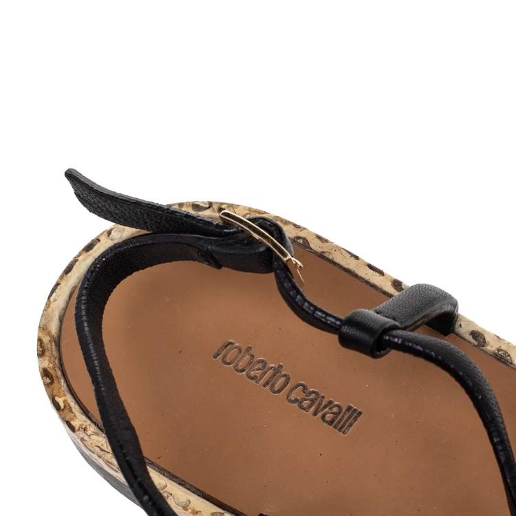 Pre Owned Roberto Cavalli Black Leather Tiger Logo Embellished Thong Flat Sandals Size 36