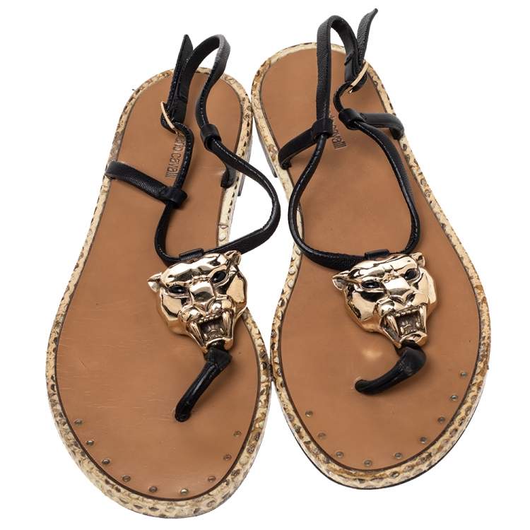 Pre Owned Roberto Cavalli Black Leather Tiger Logo Embellished Thong Flat Sandals Size 36