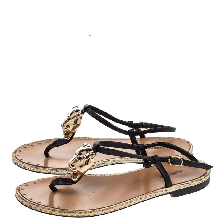 Pre Owned Roberto Cavalli Black Leather Tiger Logo Embellished Thong Flat Sandals Size 36