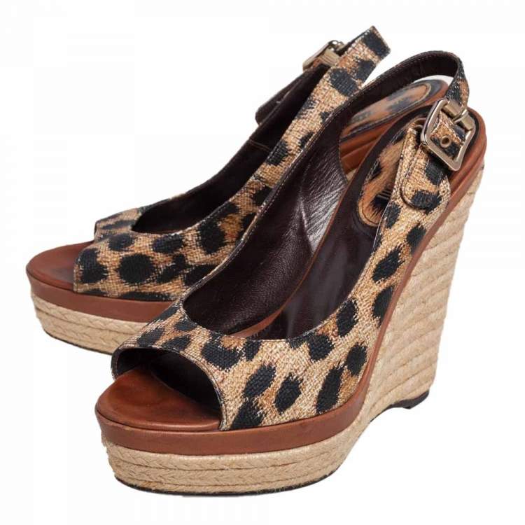 Pre Owned Roberto Cavalli Brown Leather Tiger Print Slingback Espadrille Wedge Sandals Size 38
