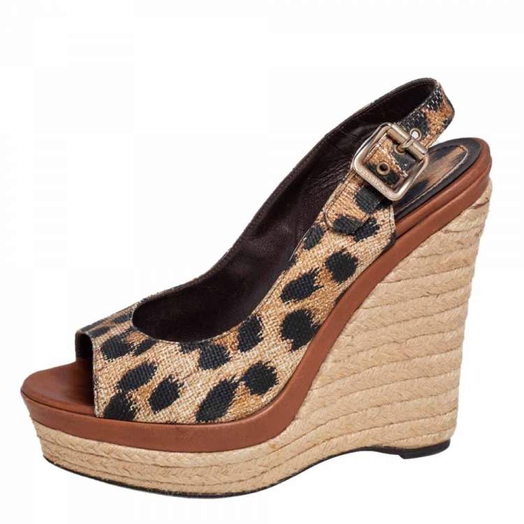 Pre Owned Roberto Cavalli Brown Leather Tiger Print Slingback Espadrille Wedge Sandals Size 38