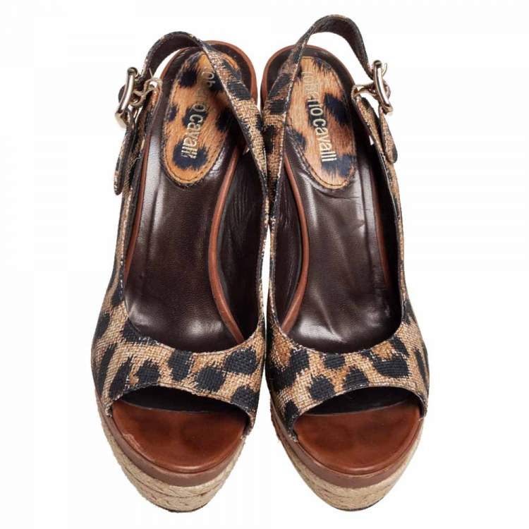 Pre Owned Roberto Cavalli Brown Leather Tiger Print Slingback Espadrille Wedge Sandals Size 38