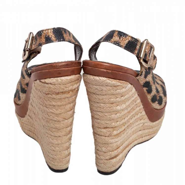 Pre Owned Roberto Cavalli Brown Leather Tiger Print Slingback Espadrille Wedge Sandals Size 38