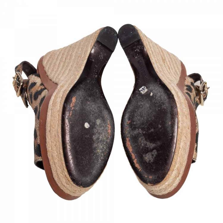 Pre Owned Roberto Cavalli Brown Leather Tiger Print Slingback Espadrille Wedge Sandals Size 38