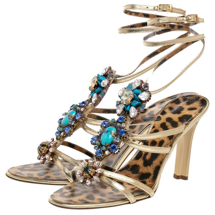 Pre Owned Roberto Cavalli Metallic Gold Leather Gem Embellished Strappy Sandals Size 39