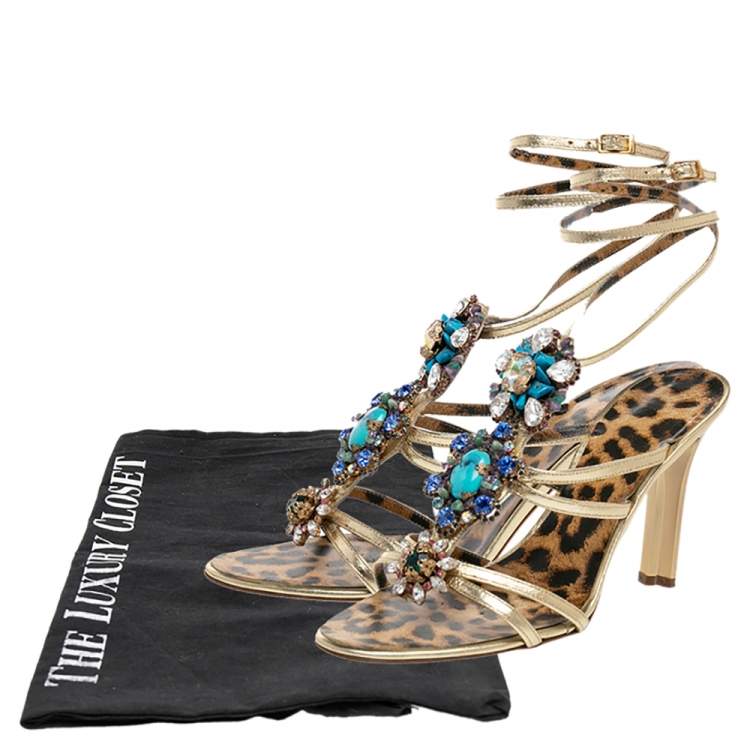 Pre Owned Roberto Cavalli Metallic Gold Leather Gem Embellished Strappy Sandals Size 39