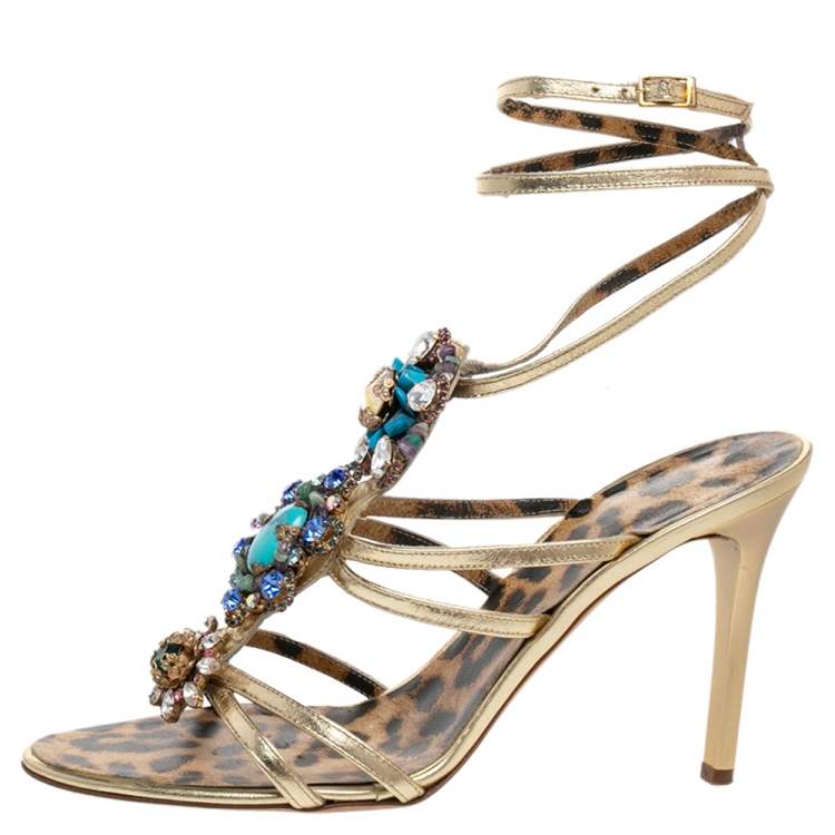 Pre Owned Roberto Cavalli Metallic Gold Leather Gem Embellished Strappy Sandals Size 39