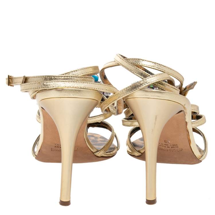 Pre Owned Roberto Cavalli Metallic Gold Leather Gem Embellished Strappy Sandals Size 39