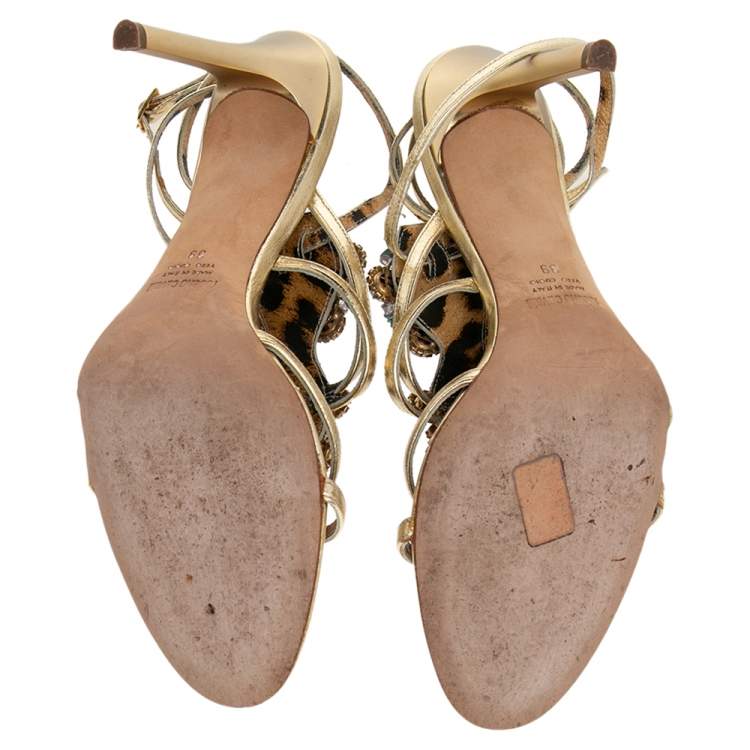 Pre Owned Roberto Cavalli Metallic Gold Leather Gem Embellished Strappy Sandals Size 39