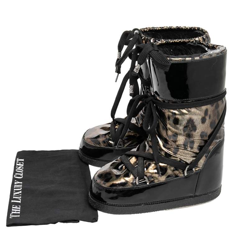 Pre Owned Roberto Cavalli Black Patent Leather and Leopard Print Coated Fabric Snow Boots Size 38