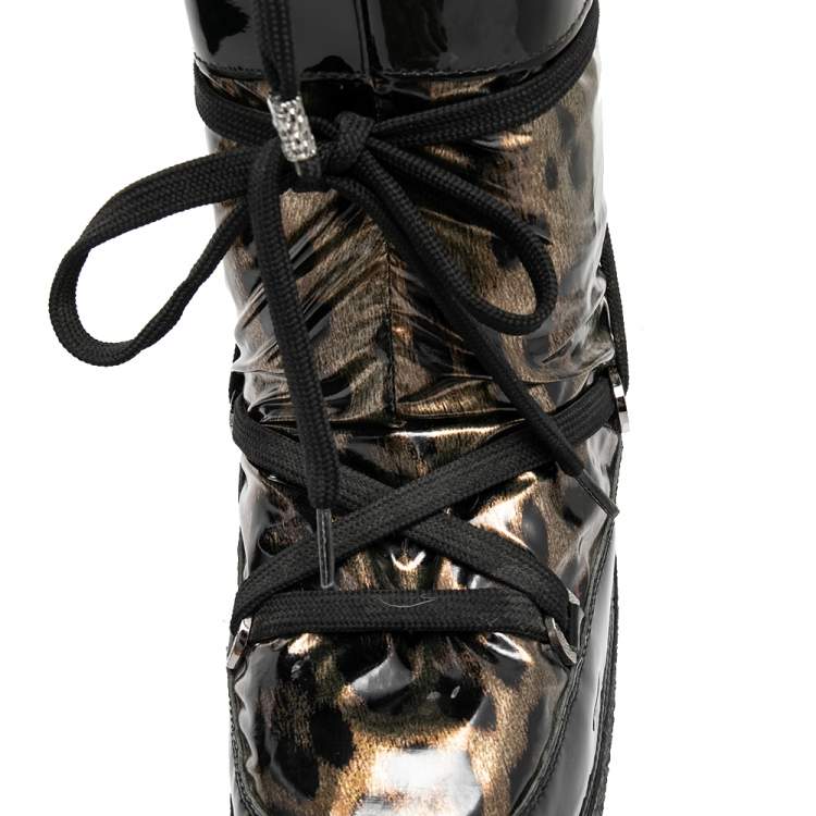 Pre Owned Roberto Cavalli Black Patent Leather and Leopard Print Coated Fabric Snow Boots Size 38