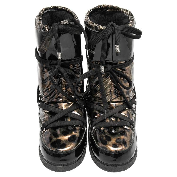 Pre Owned Roberto Cavalli Black Patent Leather and Leopard Print Coated Fabric Snow Boots Size 38