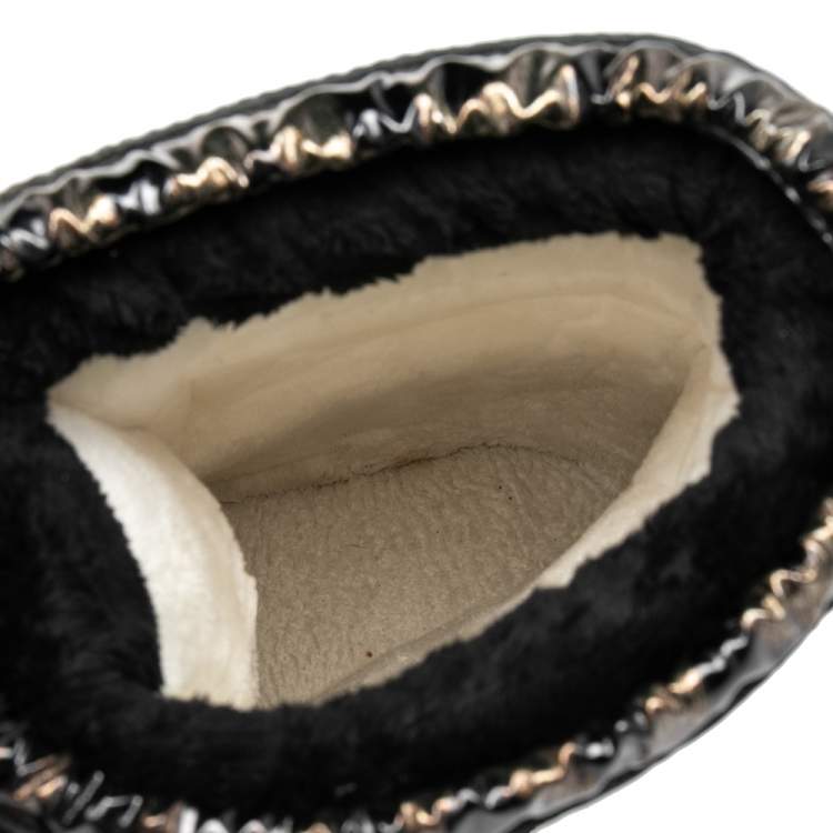 Pre Owned Roberto Cavalli Black Patent Leather and Leopard Print Coated Fabric Snow Boots Size 38