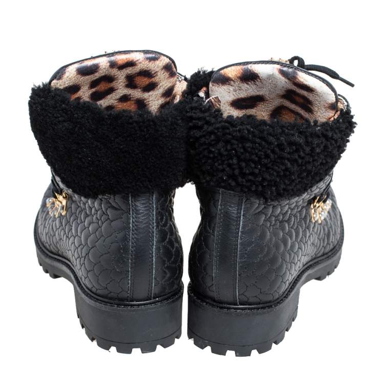 Pre Owned Roberto Cavalli Black Leather Combat Boots Size 38
