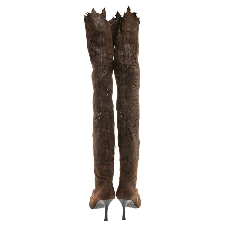 Pre Owned Roberto Cavalli Brown Suede Over the Knee Boots Size 37