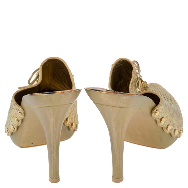Pre Owned Roberto Cavalli Metallic Gold Python Effect Leather Bow Mules Size 38.5