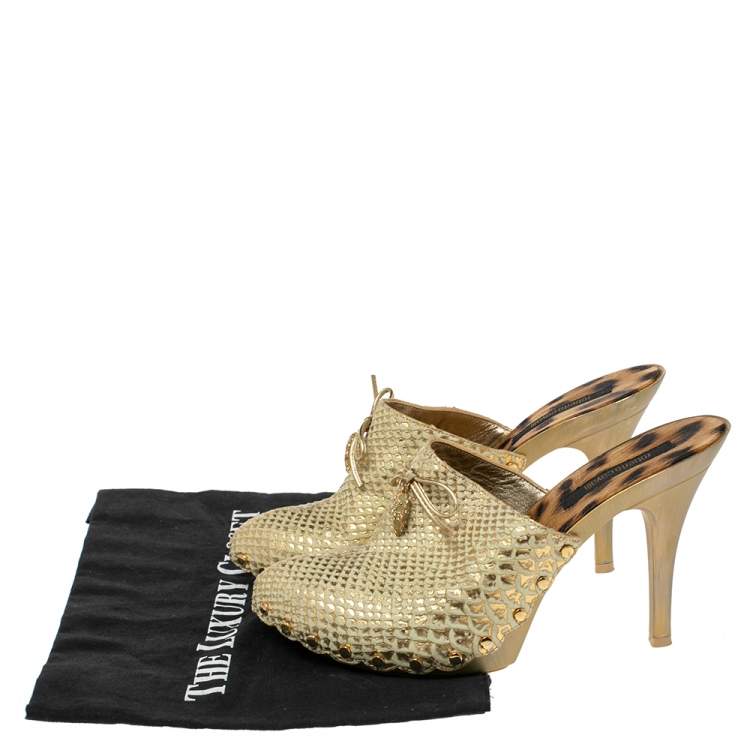 Pre Owned Roberto Cavalli Metallic Gold Python Effect Leather Bow Mules Size 38.5
