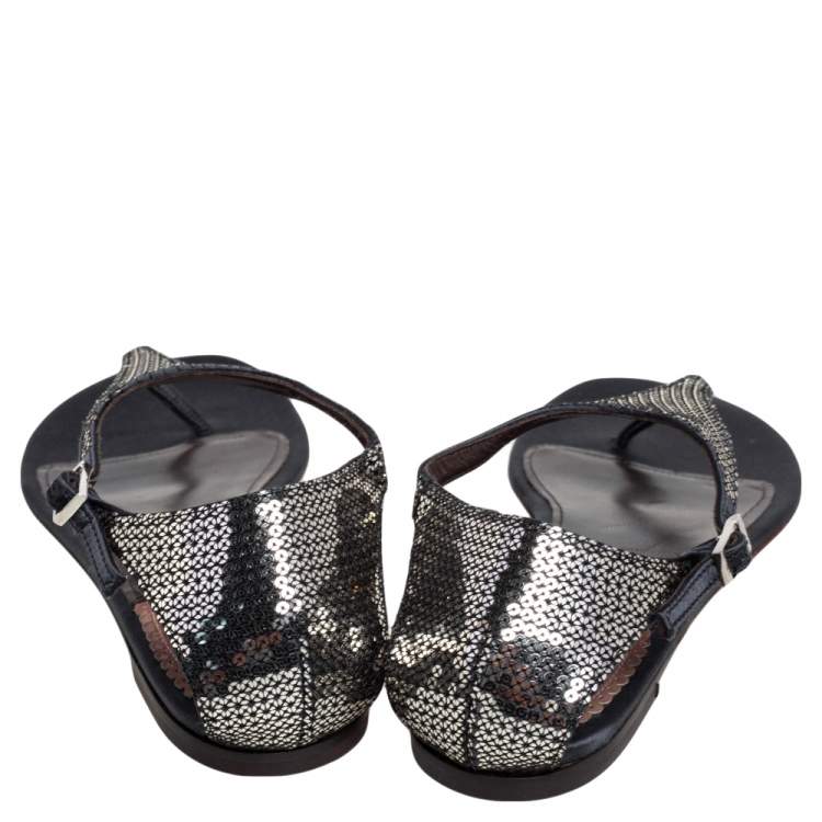 Pre Owned Roberto Cavalli Black/Silver Sequins and Satin Thong Ankle Strap Flat Sandals Size 39