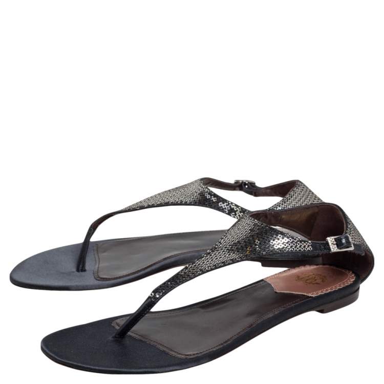 Pre Owned Roberto Cavalli Black/Silver Sequins and Satin Thong Ankle Strap Flat Sandals Size 39