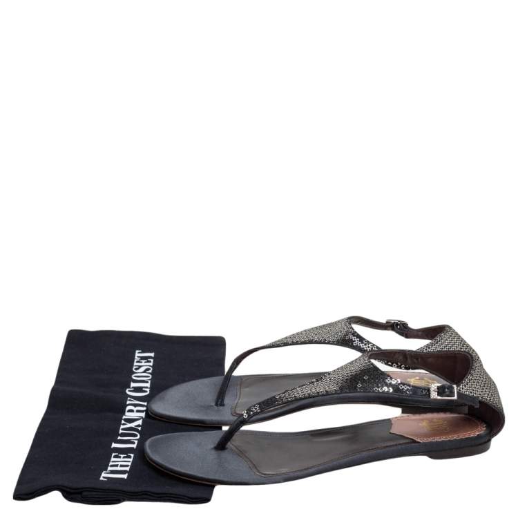 Pre Owned Roberto Cavalli Black/Silver Sequins and Satin Thong Ankle Strap Flat Sandals Size 39