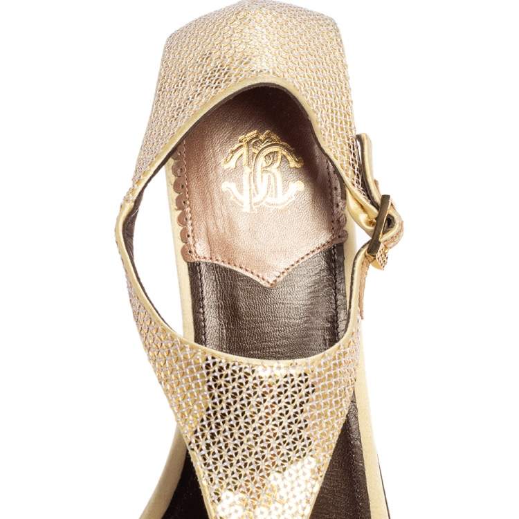 Pre Owned Roberto Cavalli Yellow Sequin and Satin Thong Ankle Strap Flat Sandals Size 39
